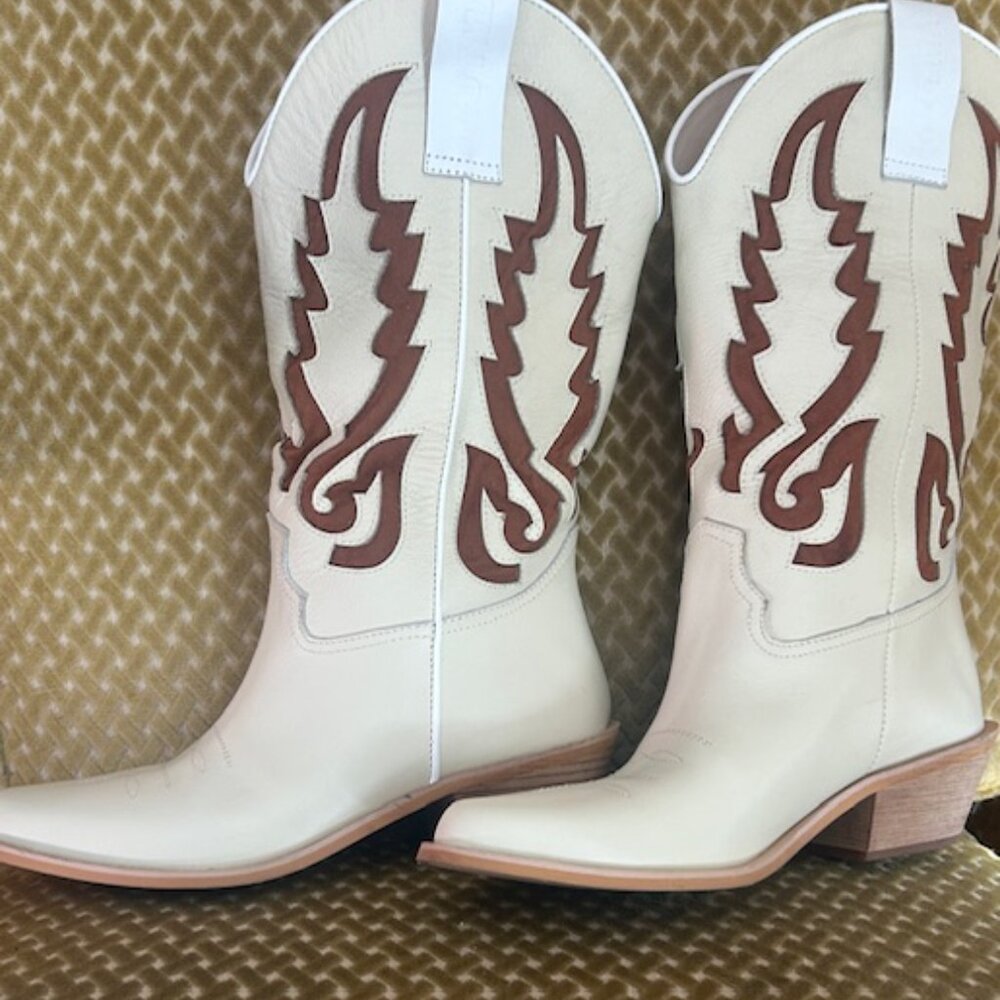 Free People Mutma Colorado Springs Ivory Leather Brown Suede Cowboy Boots - Picture 15 of 16
